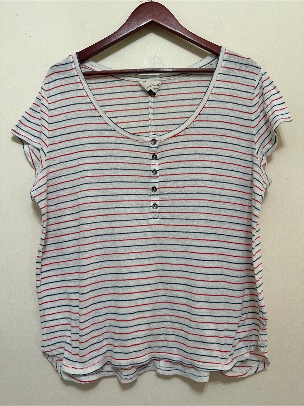 Universal Thread White Scoop-Neck Henley Tee with Red & Blue Stripes